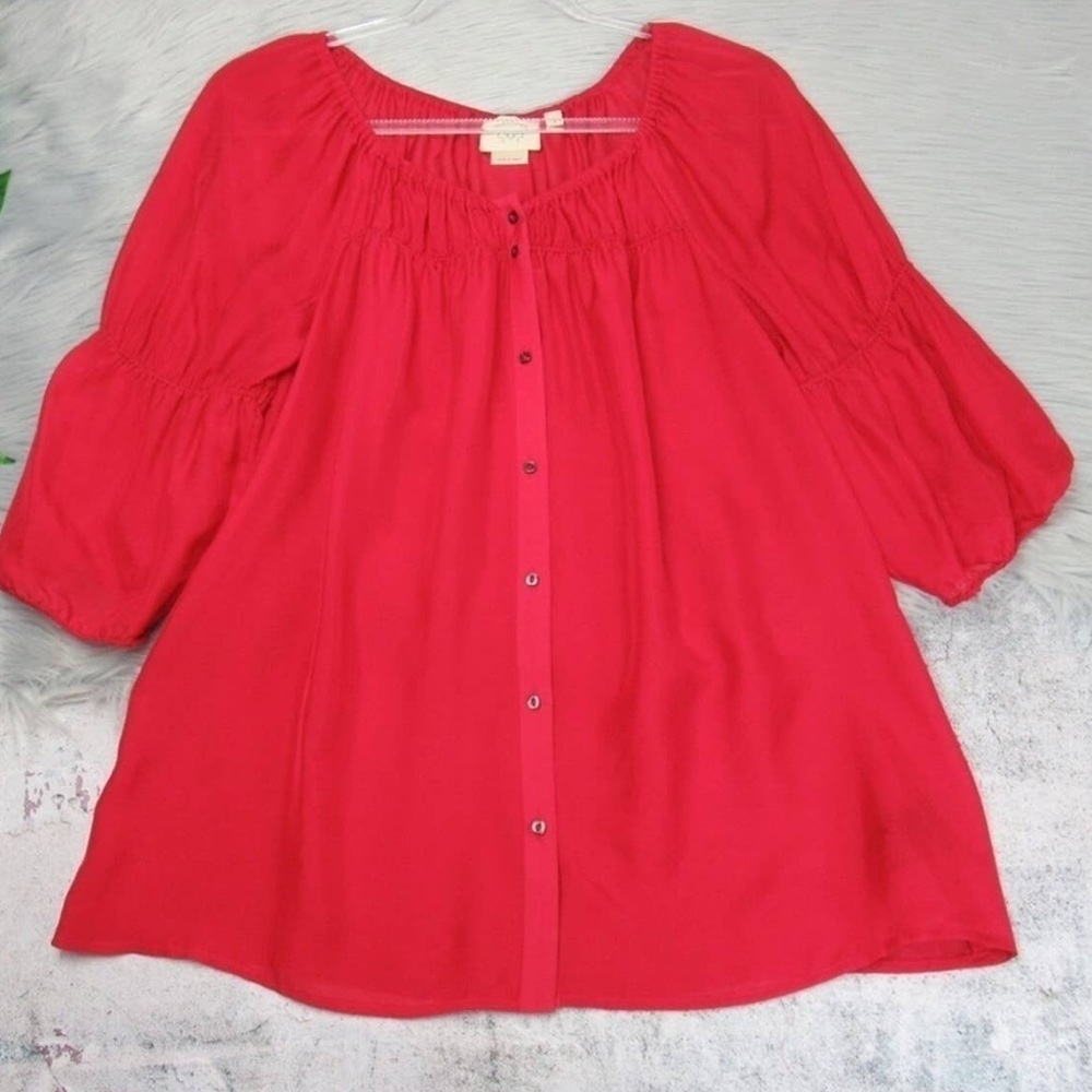 Vanessa Virginia Anthropologie Silk Red Silvi Blouse. Size L. P3/A - Picture 2 of 7